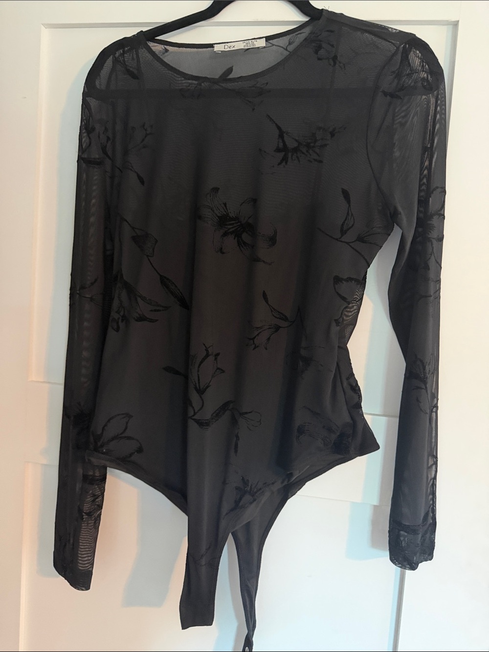 Dex Black Sheer Floral Long-Sleeve Mesh Bodysuit